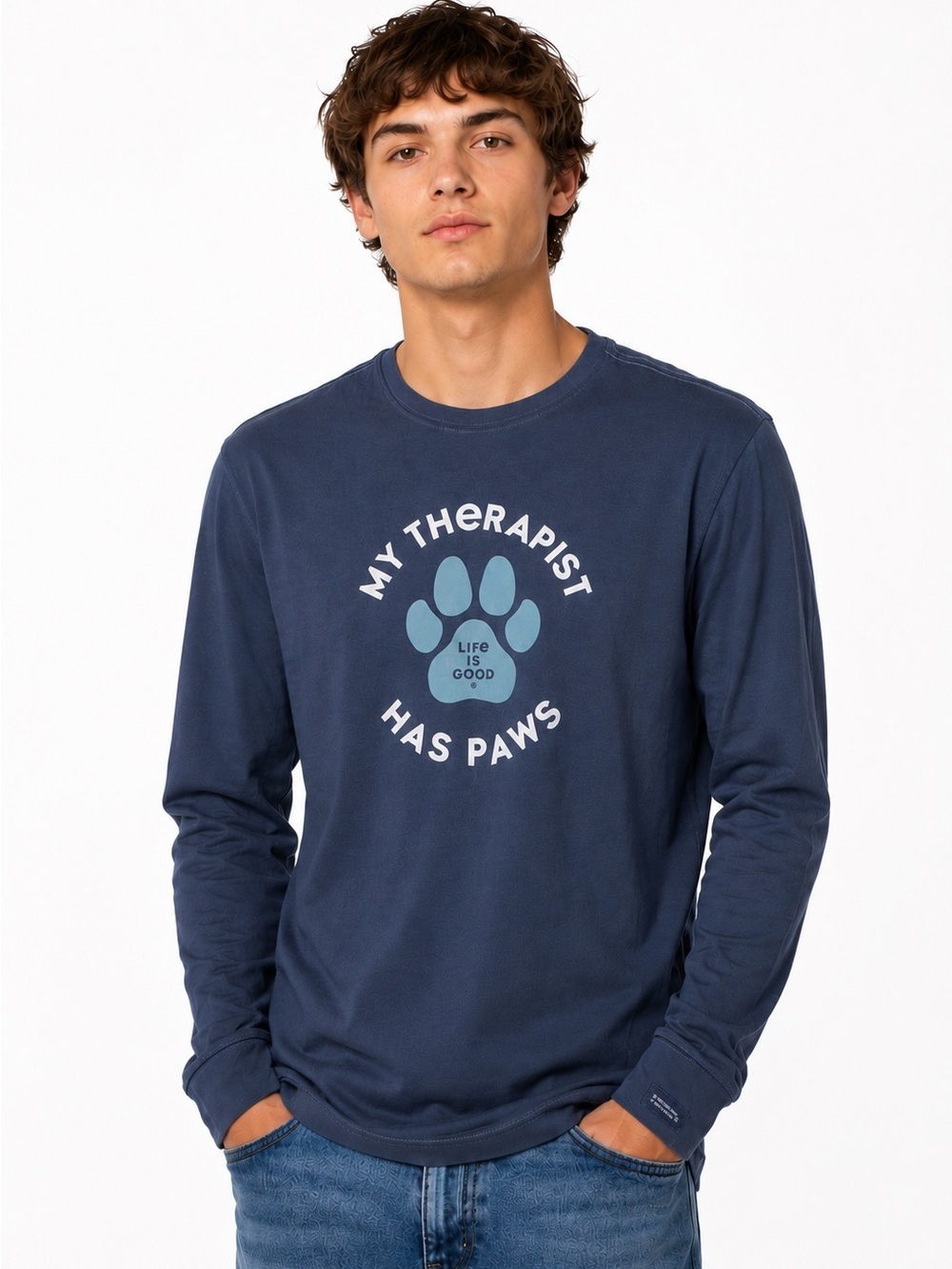 Life is Good Men Crusher Tee My Therapist Has Paws Blue XXL Long Sleeve NWT